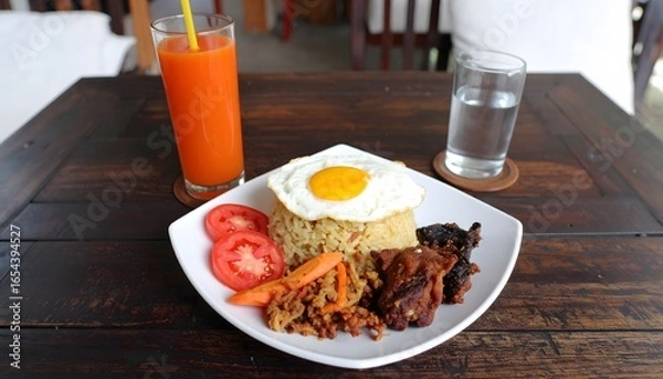 Fototapeta Versatile food composition with fried rice, tomatoes, meat, egg, juice, and water on rustic wood. Perfect for culinary blog backgrounds.