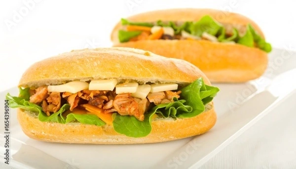 Fototapeta Salmon sandwich with lettuce and cheese on plate. Perfect for food blogs, menus, and social media posts. Delicious content.