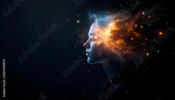 Fototapeta A spiritual concept of the universe within. A person's profile dissolving into a cosmic nebula of stars, symbolizing consciousness, imagination, or artificial intelligence. AI generated