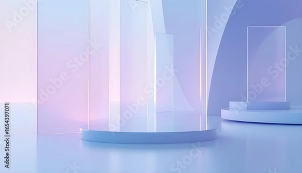 Fototapeta Minimalist 3D scene with a podium for product display. An abstract background with geometric shapes and glass panels in soft pastel colors. AI generated.
