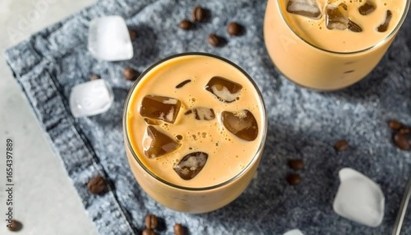 Fototapeta Perfect for promoting coffee shops, summer drinks, and beverage menus. Refreshing concept featuring iced coffee, beans, and ice cubes.