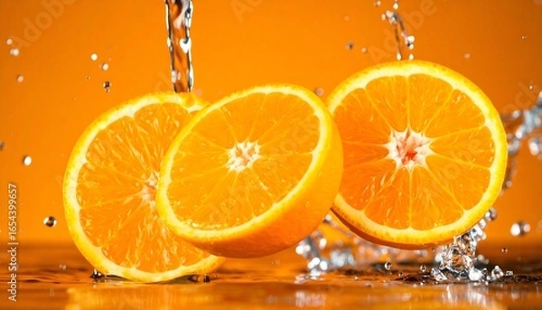 Fototapeta Refreshing image of splashing orange halves, vibrant colors, perfect for food and beverage ads, summer promotions, healthy living, and vitamin c supplements.
