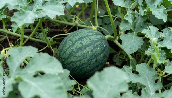 Fototapeta Young watermelon surrounded by lush green vines in a vibrant garden perfect for summerthemed designs and agriculturerelated projects.