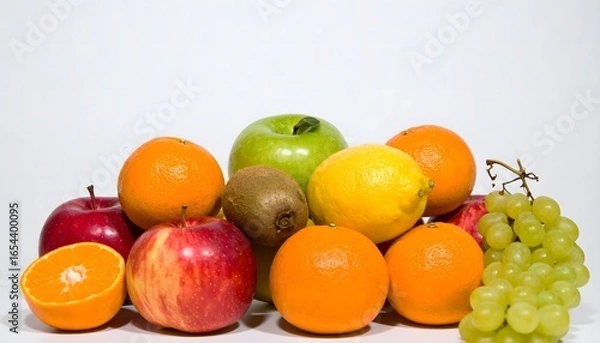 Fototapeta Variety of fresh fruits in rainbow colors like apples, oranges, lemons, kiwis, and grapes. Ideal for healthy diet concepts.