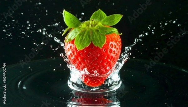 Fototapeta Ripe red strawberry splashing into water, ideal for food blogs, summer advertisements, refreshing drink packaging, and vibrant fruitthemed designs.