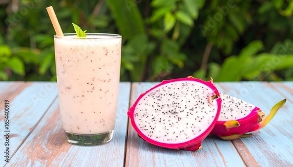 Fototapeta Dragon fruit smoothie and sliced dragon fruit on a table. Suitable for health and wellness, food and beverage, and recipe content.