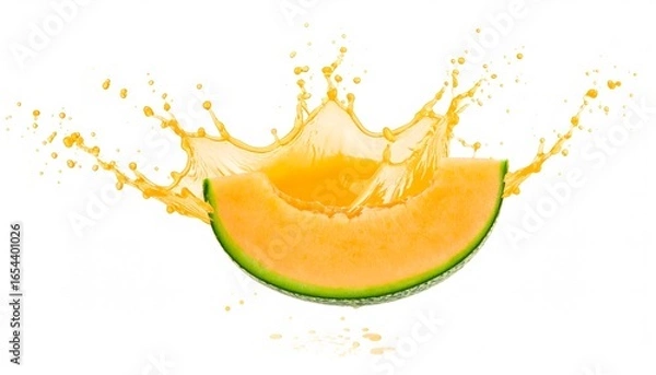 Fototapeta Melon slice with splashing juice, great for summerthemed designs, food and beverage promotions, refreshing concepts, and healthy lifestyle advertisements.