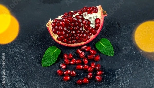 Fototapeta Cut pomegranate fruit and seeds with mint leaves on slate background. Ideal for food blogs, recipe websites, and health magazines.