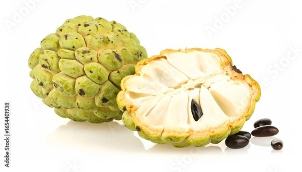 Fototapeta Fresh custard apples sliced into halves, showcasing its seeds. Ideal for food and agriculturerelated designs and healthconscious content.