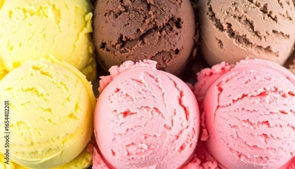 Fototapeta Delicious scoops of various flavored ice cream in a vibrant assortment. Perfect for summerthemed designs or dessert concepts. Great for food blogs, restaurant menus, ice cream parlor advertisements