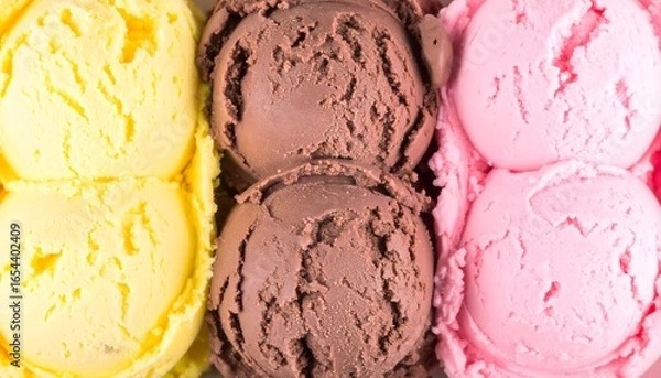 Fototapeta Scoops of vanilla, chocolate, and strawberry ice cream. Ideal for dessert menus, summer promotions, and foodrelated designs.