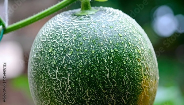 Fototapeta Green melon on vine, fresh and attractive. Suitable for foodrelated designs, organic products, farm markets. Perfect for summerthemed projects.