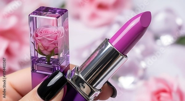 Fototapeta make up accessories with lipstick isolated on purple background