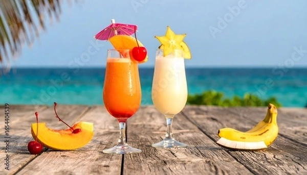 Fototapeta Two tropical drinks on a wooden deck with fruit, ocean backdrop. Great for travel, vacation, summer themes in design projects.