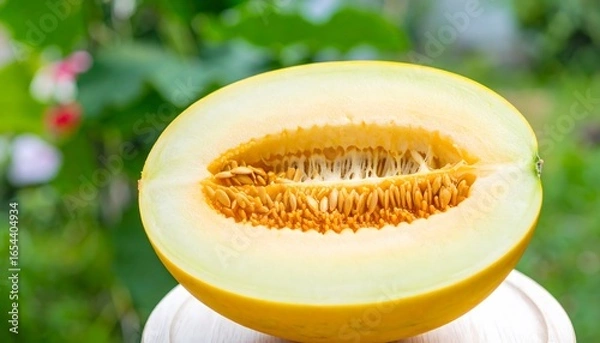 Fototapeta Half cantaloupe melon on a white platform stand. Suitable for food blogs, recipe websites, healthy eating articles, and summer fruit promotions.