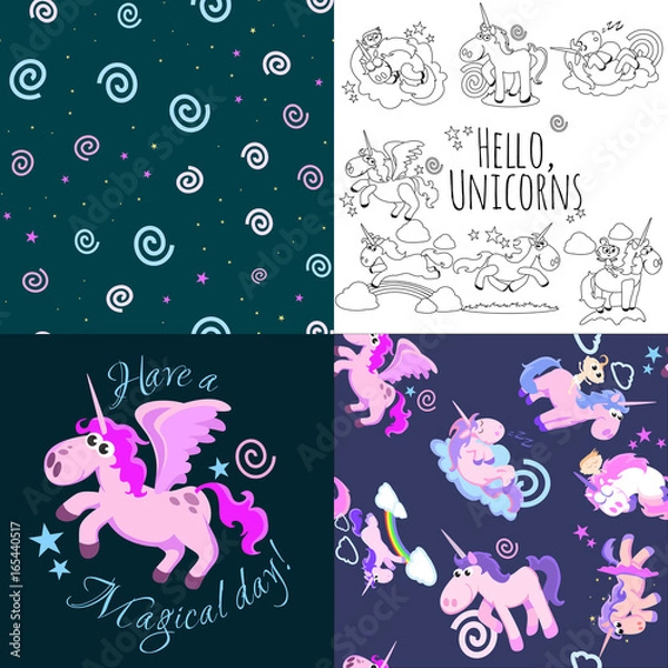 Fototapeta cute unicorn seamless pattern, magic pegasus flying with wing and horn on rainbow, fantasy horse vector illustration, myth creature dreaming background.