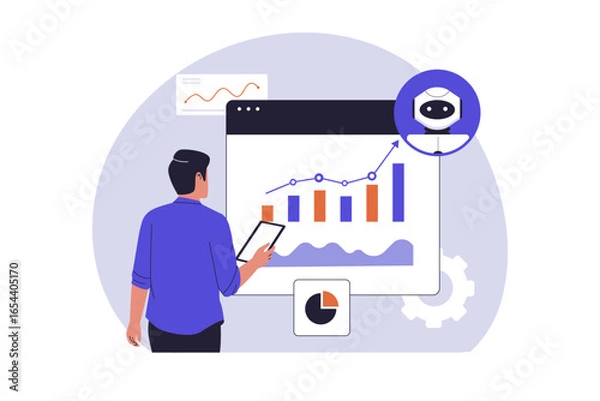 Obraz Man Analyzing Financial Data with AI Illustration. Vector Flat Illustration