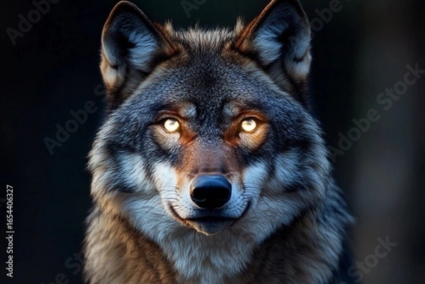 Fototapeta Wolf with radiant eyes reflects the power of the moon in a mystical forest setting under twilight sky