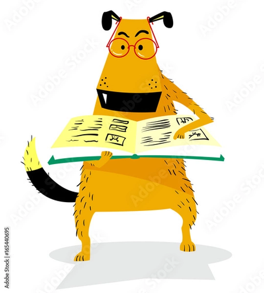 Fototapeta Smart dog with glasses reading books. Cute dog is learning.