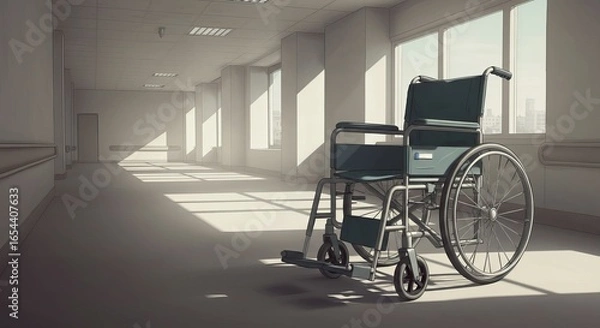 Fototapeta A wheelchair stands in a brightly lit, empty hospital corridor. Sunlight streams through the windows, casting shadows on the floor.