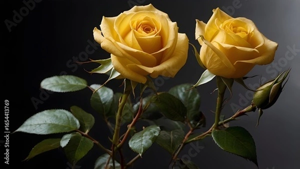Fototapeta A fully bloomed yellow rose with delicate petals, standing prominently against a dark background.