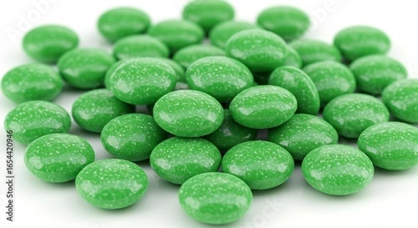 Fototapeta 鮮やか緑色光るキャンディー山盛り 甘く輝く粒々. AI Generated