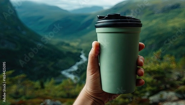 Fototapeta Hand holding a light sage green travel mug, foreground.  Mountain valley view in the background