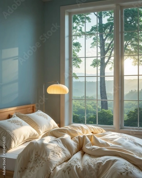Fototapeta Sunlight streams through a spacious bedroom window, illuminating soft bedding. The view reveals lush green trees and a serene mountain setting, creating a peaceful atmosphere