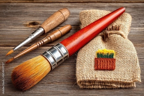 Obraz Three paintbrushes, including a large one wrapped in burlap, rest on a rustic wooden surface.  A small embroidered design of flowers in a pot is visible on the burlap
