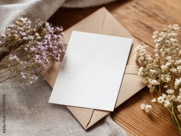 Fototapeta Blank greeting card mockup with envelope and dried flowers