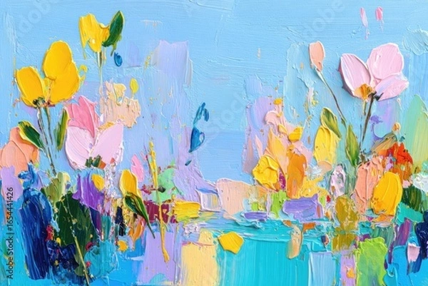 Obraz Vibrant abstract floral painting on light blue background