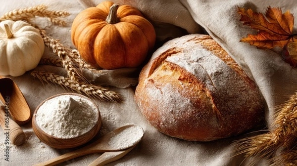 Fototapeta  A Warm Autumn Still Life: A Round Sourdough Loaf, Pumpkins, Flour, and Wheat Ears, Creating a Cozy Baking Atmosphere with Soft Lighting.