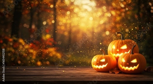 Fototapeta Glowing Orange Pumpkins Display on Rustic Wooden Table in Autumn Forest Suitable for Halloween theme