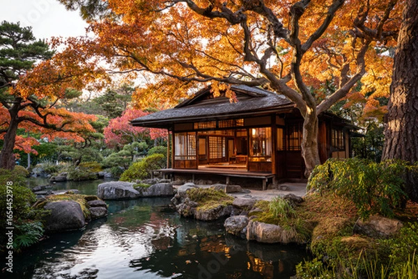 Fototapeta Traditional Japanese tea house in a serene garden, koi pond and maple trees with autumn leaves, soft natural light