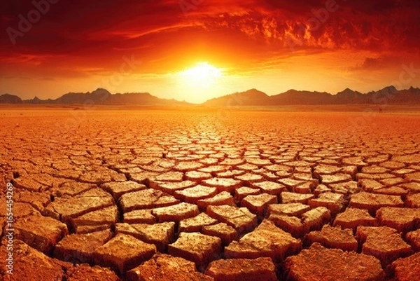 Fototapeta Scorching sun sets over cracked earth