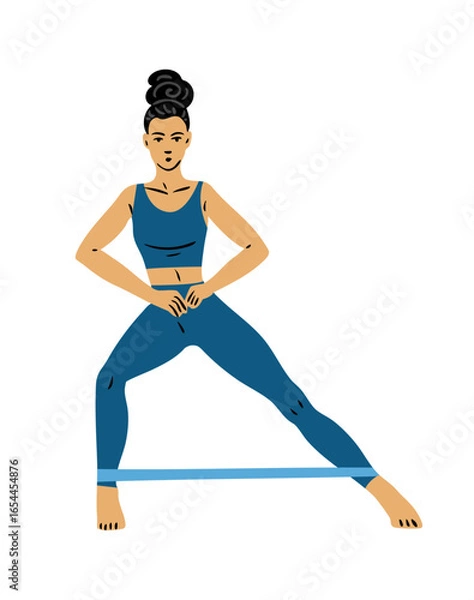 Obraz Flat vector illustration of a young woman doing lateral side steps with elastic resistance band around legs. Fitness leg and hip workout. Isolated on white background