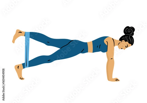 Obraz Flat vector illustration of a young woman holding plank position with resistance band on legs. Core and full body workout. Isolated on white background