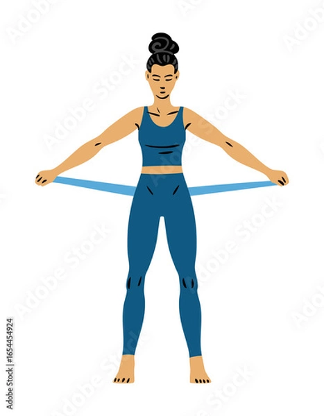 Obraz Flat vector illustration of a young woman pulling resistance band with arms sideways. Fitness workout for shoulders and arms. Isolated on white background