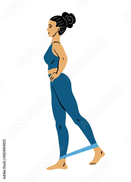 Obraz Flat vector illustration of a young woman performing standing leg kickback with elastic resistance band around ankles. Fitness and glute workout. Isolated on white background