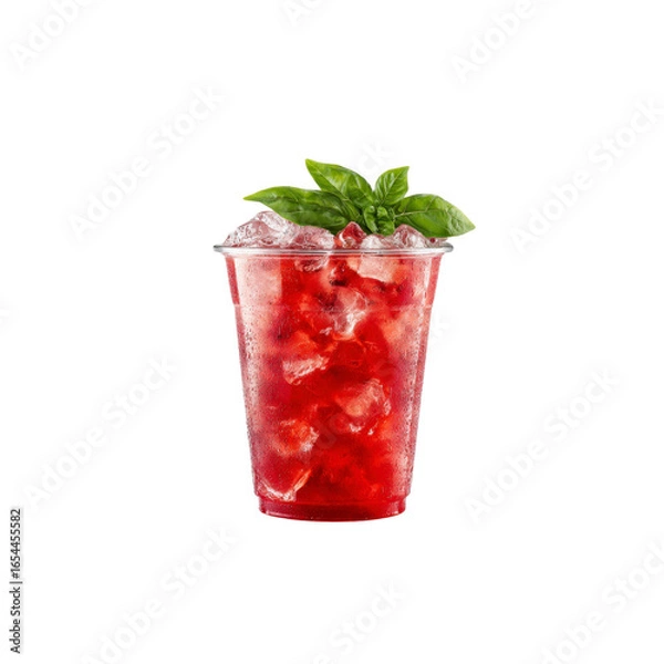 Obraz Refreshing Iced Red Drink with Basil Garnish in Plastic Cup