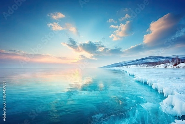 Obraz Frozen lake at sunrise.  Vast expanse of ice-covered turquoise water, with a serene sunrise reflecting on the glassy surface
