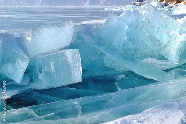 Obraz Frozen lake, azure ice blocks, sunlight