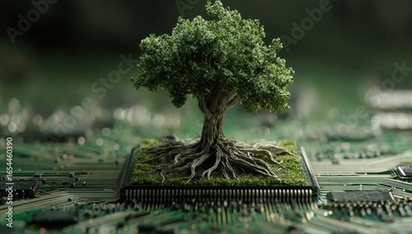 Fototapeta A small, lush tree with extensive roots sits atop a computer circuit board