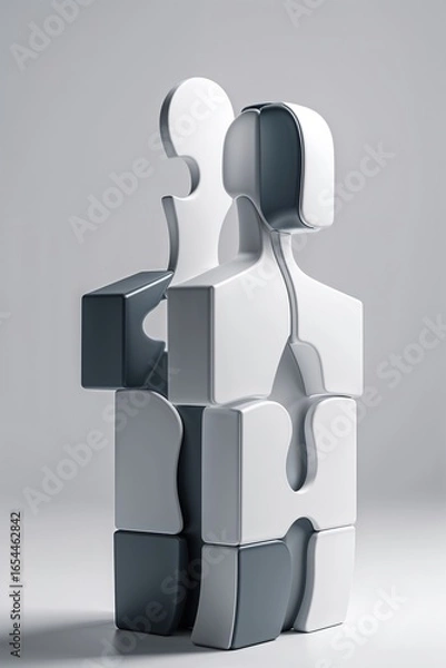 Fototapeta Two interlocking puzzle pieces stand upright, symbolizing the essential connection in recruitment and hiring