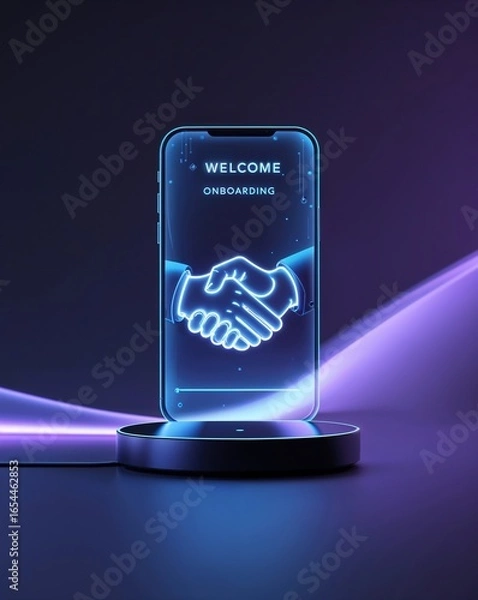 Fototapeta A smartphone displays a glowing handshake graphic with the words 'Welcome' and 'Onboarding.' The sleek design emphasizes the digital recruitment process in a professional setting