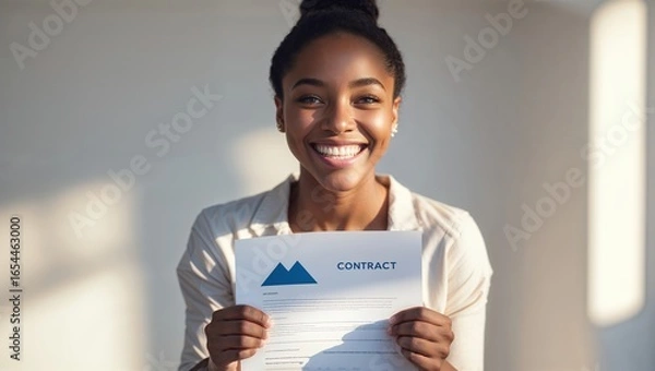 Fototapeta A joyful woman displays her signed contract in a modern office, celebrating her successful recruitment for a new job position. The atmosphere is positive and professional, highlighting achievement