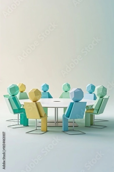 Fototapeta A group of eight multicolored geometric figures is seated around a white round table, engaged in a discussion related to recruitment and hiring. The setting has a minimalist design
