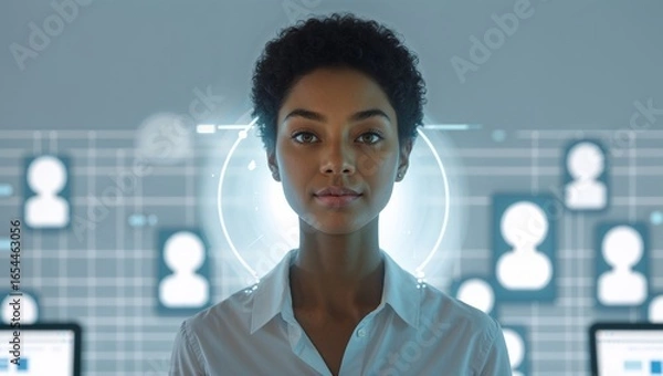 Fototapeta Professionals engage in recruitment and hiring discussions, utilizing technology for candidate selection. The environment reflects a focus on modern hiring practices and data-driven decision-making