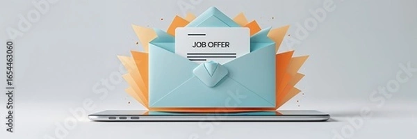 Fototapeta A pastel blue envelope bursts open with a job offer letter in front of a modern smartphone. The vibrant colors indicate a positive and welcoming hiring experience