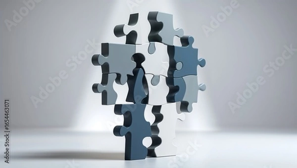 Fototapeta Puzzle pieces come together in a monochromatic design, symbolizing the intricate nature of recruitment and hiring, emphasizing teamwork, collaboration, and problem-solving